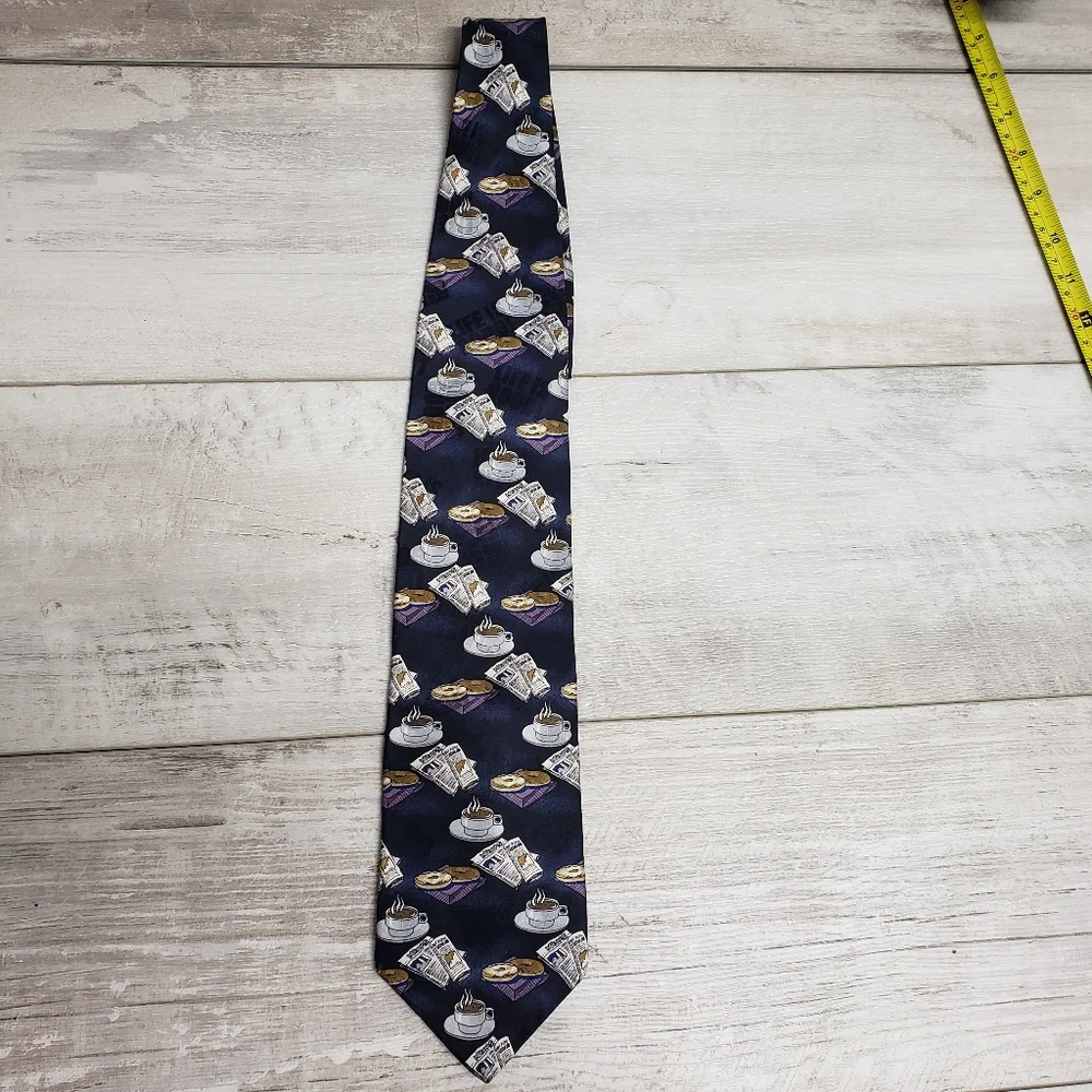 Sabatini Mens All Silk Tie Coffee Newspapers Bagel Life is Good Prints